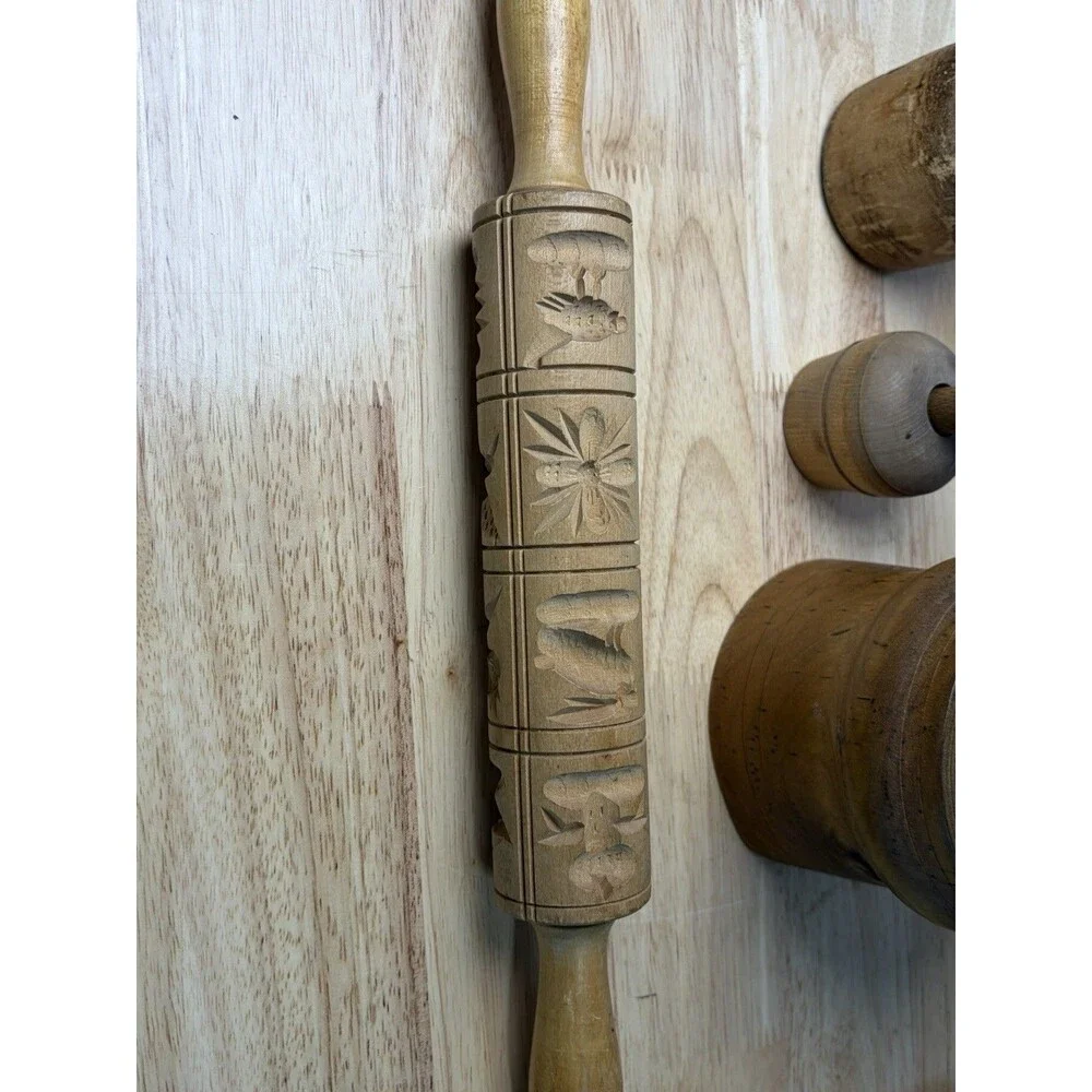 Antique Kitchen Lot Butter Molds Potato Masher Giant Clothespin Rolling Pin 4 Pc